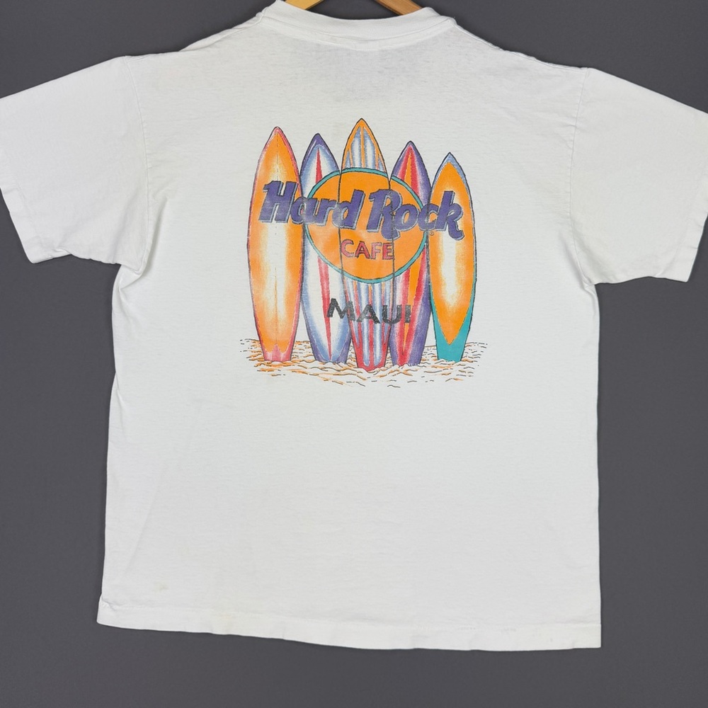 Vintage 90’s Hard Rock Cafe Maui Hawaii Surfboard Beach Art Logo White Shirt XL